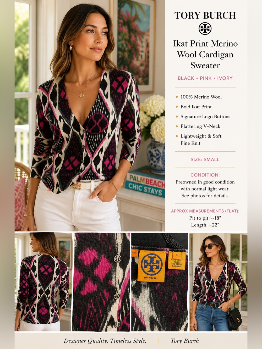Tory Burch Ikat Print Merino Wool Cardigan Sweater Pink Black V Neck Size Small